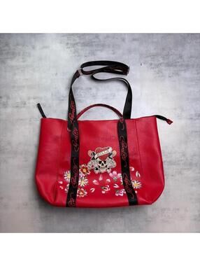 Y2K Red Ed Hardy Grunge Skull Floral Tote Bag